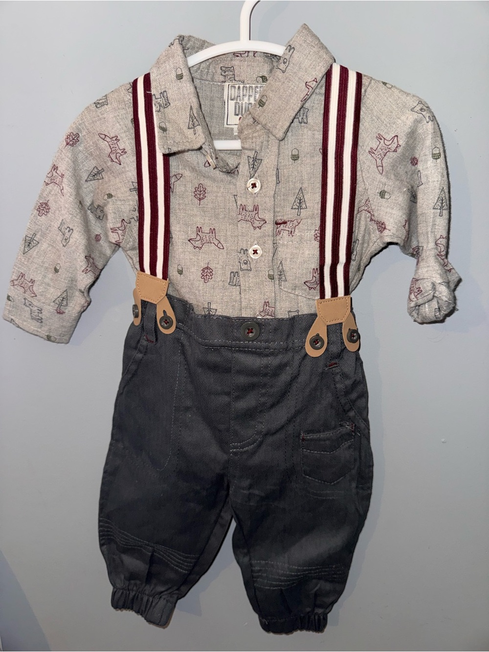 Infant Grey Overalls with Grey Printed Shirt & Burgundy Suspenders